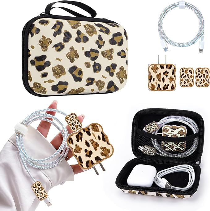 CameCosy DIY Phone Charger Cover Storage Sets USB Earphone Wire Saver Cable Organizer with Travel Storage Bag, Soft Cute Cable Protector Cord Organizer Compatible for iPhone(Leopard)