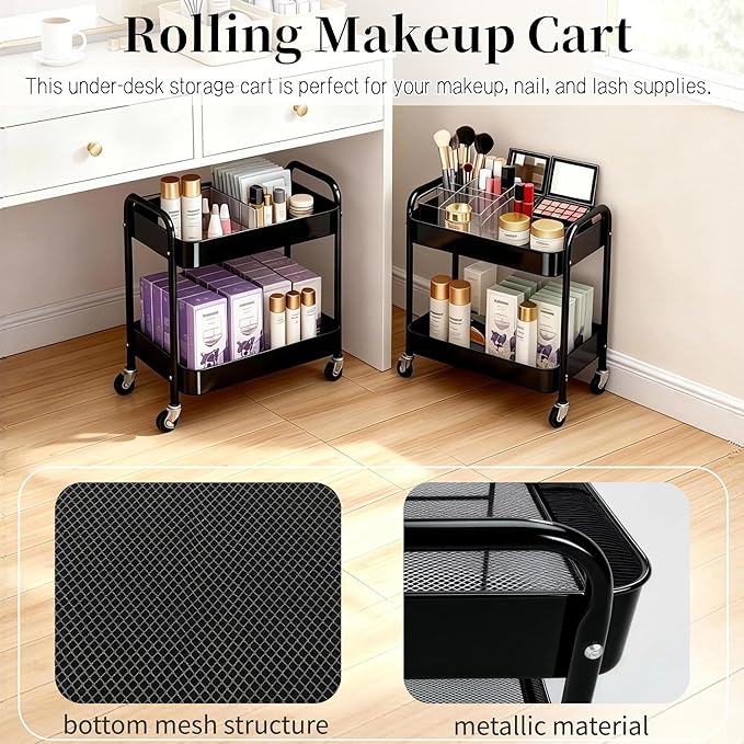 2 Tier Rolling Cart with Wheels for Under Desk Storage & Pantry Room, Large Capacity Laundry Room & Makeup Organizer, Sturdy Kitchen Utility Cart for Small Space with 4 Hooks, Black