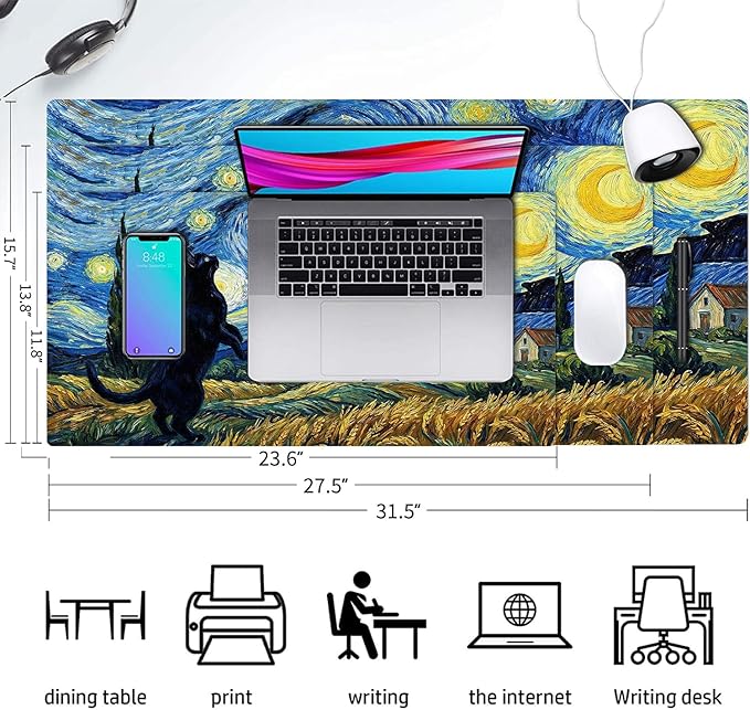 Cute Desk Mat, Starry Night Cat Large Mouse Pad for Desktop, PU Leather Waterproof Desk Pad, Anti-Slip Computer PC Laptop Protector Gaming Mouse Pads for Office Home Decorations (27.5" x 13.8")