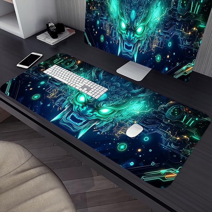 Ghost Mask Desk Mat Geometric Futuristic Tech Neon Green Mousepad XL Large Gaming Mouse Pad Laptop Keyboard Mat Desk Pad 31.5"x11.8" Office Computer Keyboard Laptop Home