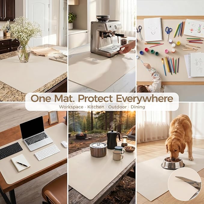 1.6mm Thick Leather 14x24 Inch Non-Slip Mat, Waterproof Countertop Protector, Standard Bedside Table/Nightstand Protector, Creamy White