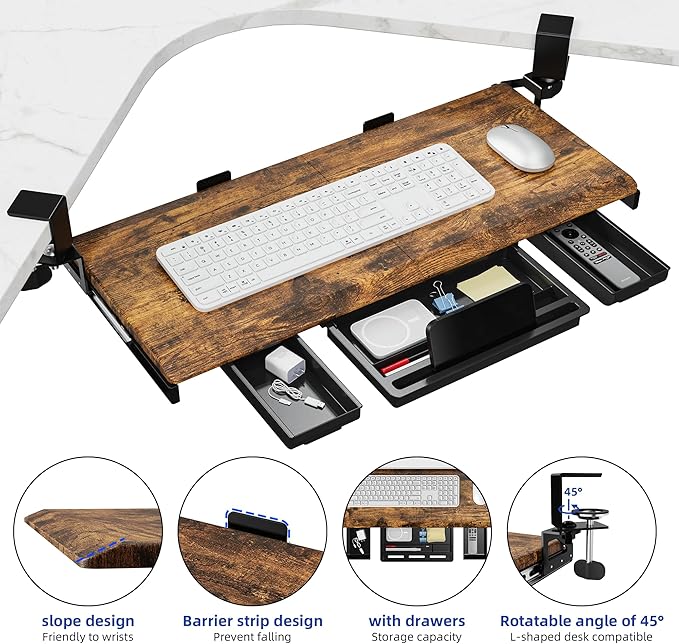 ETHU Keyboard Tray Under Desk, Ergonomic Corner Keyboard Tray with 180° Adjustable C Clamp for L Shape Desk 26.77" X 12.2" Easy to Install, Computer Keyboard Stand for Home and Office(Wood)