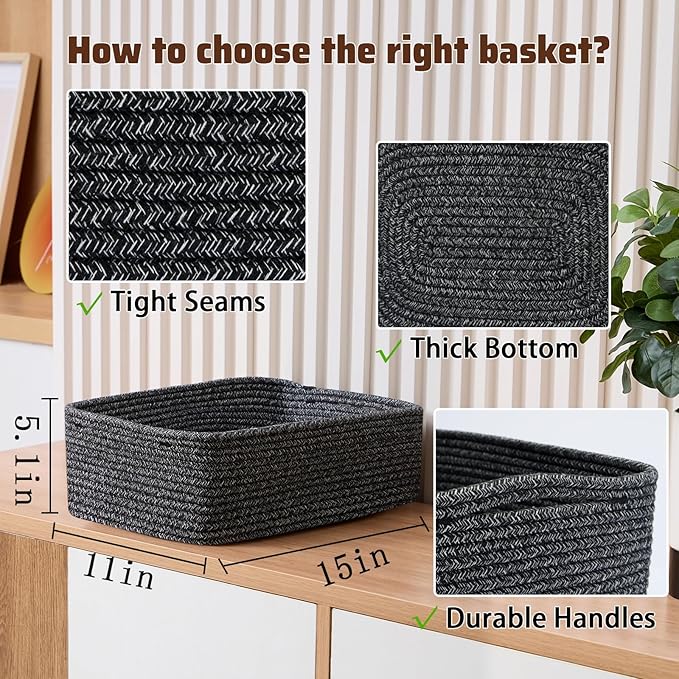 MiniArk Large Shallow Organizing Baskets 15x11x5.1 Inches - Rope Woven Storage Bins for Bathroom, Shelves, Cube Closet, Mixed Black 4 Packs