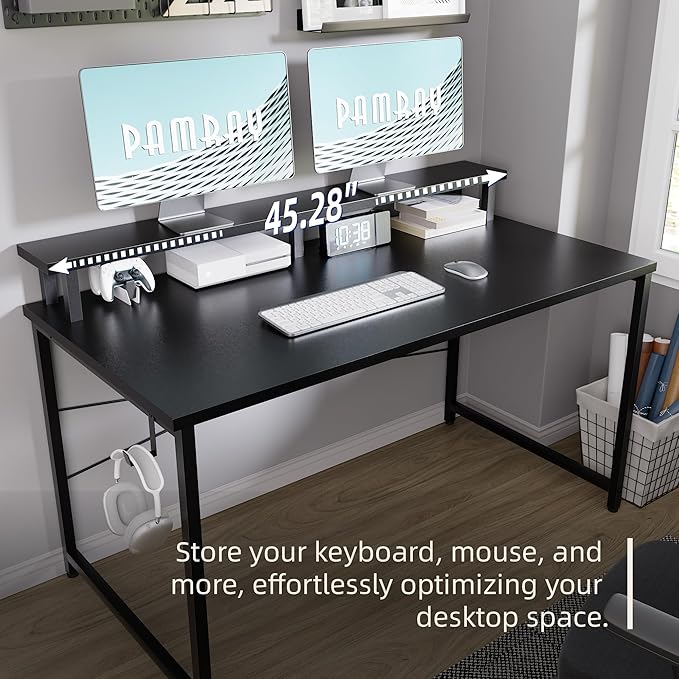 Pamray 47 Inch Small Computer Desk with Monitor Stand, Simple Office Desk with Headphone Hook for Small Spaces, Kids Study Writing Table for Bedroom, Marble