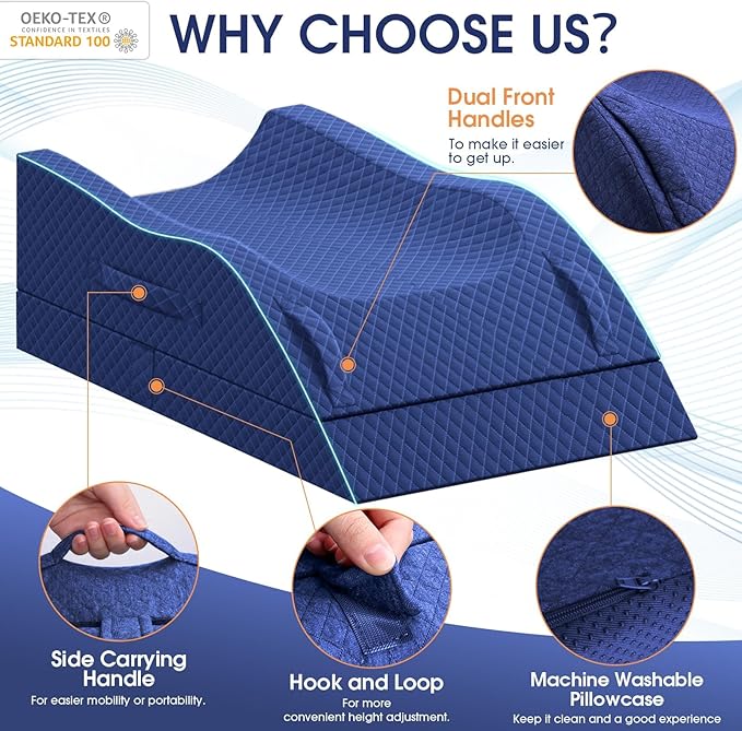 CushZone Leg Pillow, Leg Elevation Pillow with Pad and Memory Foam, Height Adjustable Bolster Pillow for Legs, Leg Pillow Elevation Blood Circulation, for Post-Surgery, Blue