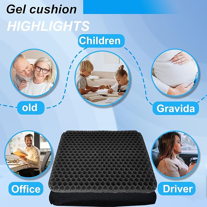 Yimiyaa Gel Seat Cushion, Double Thick Egg Gel Cushion for Pressure Pain Relief, Breathable Wheelchair Cushion Chair Pads for Car Seat Office Chair Black