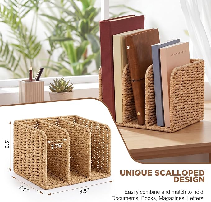 Novabright Woven File Magazine Holder Desk Organizer, 3-compartment Vertical Workspace Sorters for Magazines, Notebooks, Envelopes, Paper Rope Wicker Book & Binder Sorter for Home Office