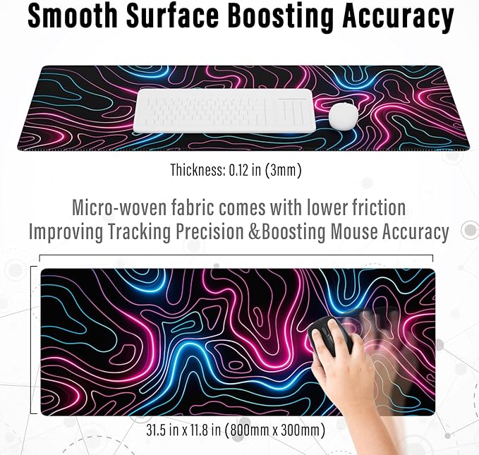 Ovenbird Gaming Mouse Pad with Stitched Edges, Topographic Map Pink Extended XL Mousepad with Anti-Slip Base, Cool Neon Large Mouse Pad for Desk, 31.5 x 11.8 in, Pink and Blue