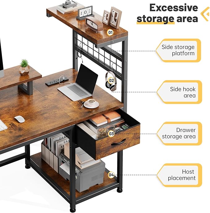 EnHomee 48" Computer Desk with Power Outlets & LED Lights, Gaming Desk with Drawer & Storage Shelves, Reversible Home Office Desk with Monitor Stand, for Living, Study Room, Gaming Room, Rustic Brown
