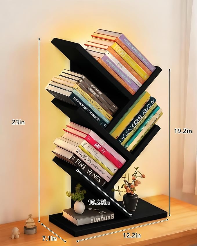 Godferyxin Bookshelf with Liting,Small Bookshelf LED and Desktop Book Shelf Light for Office, Home or School Mini Bookcase for Wood Displaying Books, CDs, Magazines Wood Shelf Rack