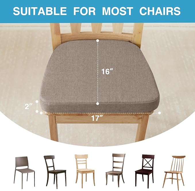 IASEAHK Chair Cushions for Dining Chairs Set of 6, Non Slip Kitchen Chair Pads, 17" x 16" x 2", Indoor Dining Chair Cushions with Ties, D-Shaped Seat Cushions for Kitchen Chairs, Light Brown