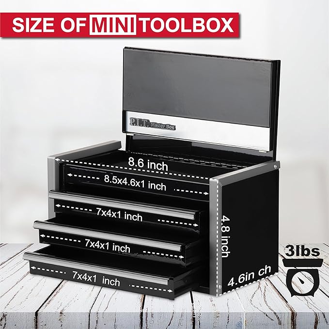 P.I.T. Mini Tool Box 8.6"W X 4.6"D, Portable 3 Drawer Steel Stackable Black Tool Box with Magnetic Tab Locking, Black Micro Top Chest with Liner for Tools Storage and Organizers, Home DIY