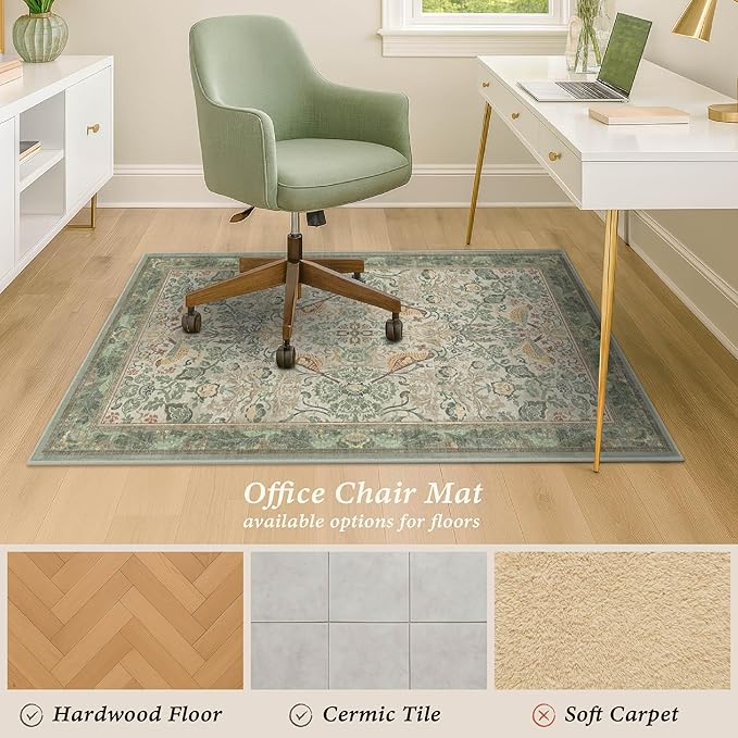 Sage Green 3x4 Office Chair Mat for Hard Wood & Tile Floor, Small Botanical 36"x48" Low Pile Computer Chair Area Rug for Comfort and Floor Protection, Washable Under Desk Rug, Non Slip Rubber Backing