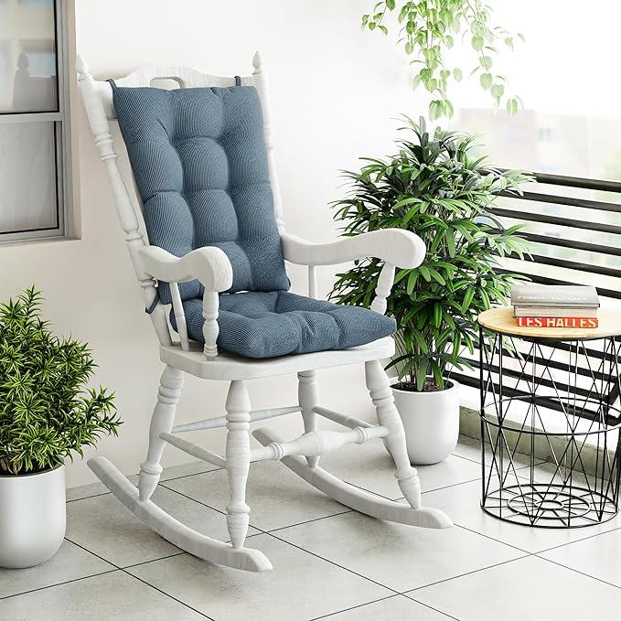 Klear Vu Omega Non-Slip Rocking Chair Cushion Set with Thick Padding and Tufted Design, Includes Seat Pad & Back Pillow with Ties for Living Room Rocker, 17x17 Inches, 2 Piece Set, Blue