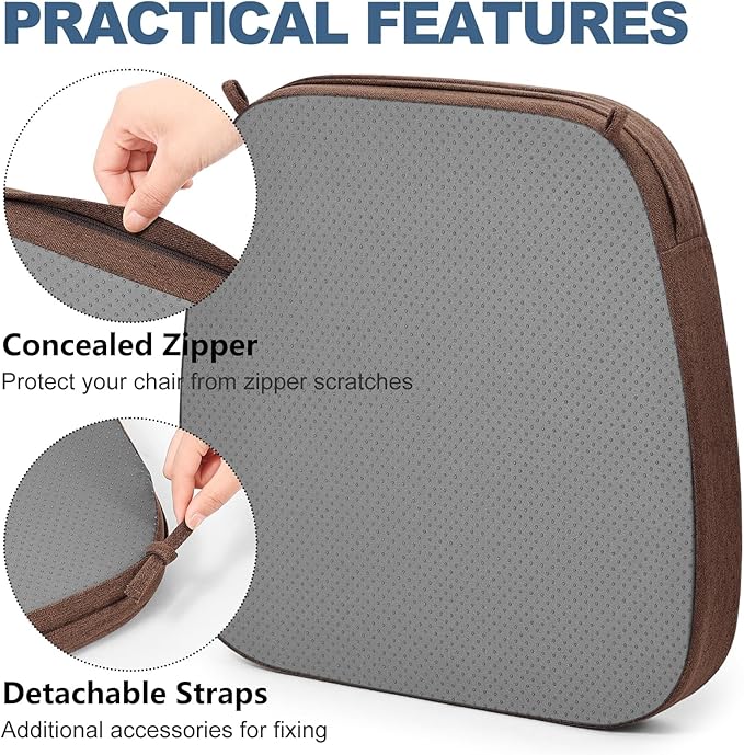 Shinnwa Dining Chair Cushions Set of 4, Non-Slip Kitchen Chair Cushions with Detachable Straps and Machine Washable Cover, 4 Pack, 17x16x2in, Brown