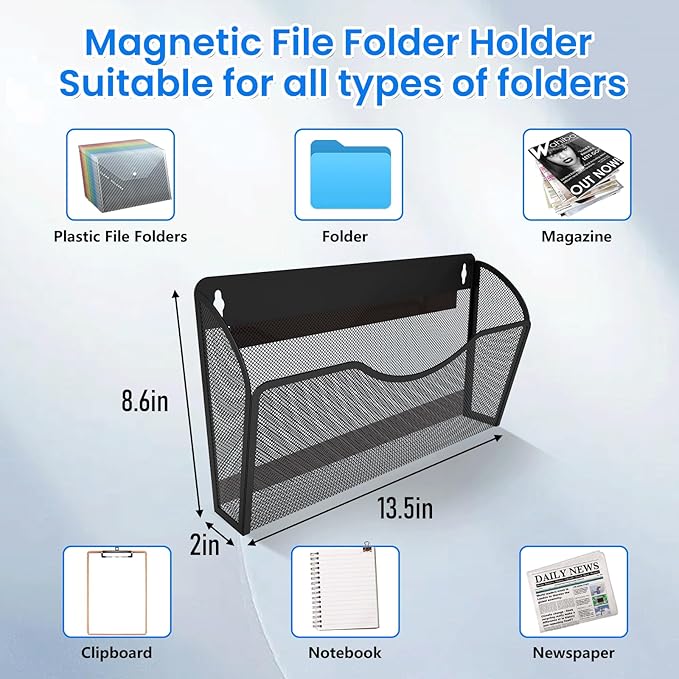Magnetic File Holder, Magnetic File Folder Holder, No Drilling Installation, Magnetic Mail Holder File Organizer for Whiteboard,Office,Refrigerator,File Cabinets,Classroom