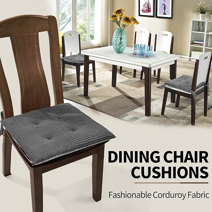 Office Stacking Chair Cushions 4 Pack, Corduroy High Density Foam Kitchen Seat Cushions with Ties, Square 17" x 17" Indoor Non-Slip Dining Chair Pads, Grey，4pcs