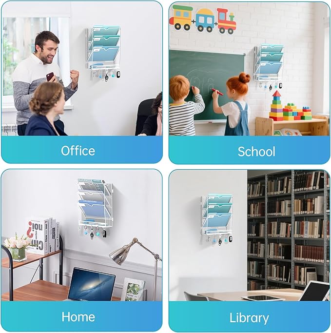 Wall File Organizer - Hanging File Organizer with 5 Hooks, Mail Holder Wall Mounted for Papers, Folders, Magazines, Bills, 4 Tier Office&School Organization, White
