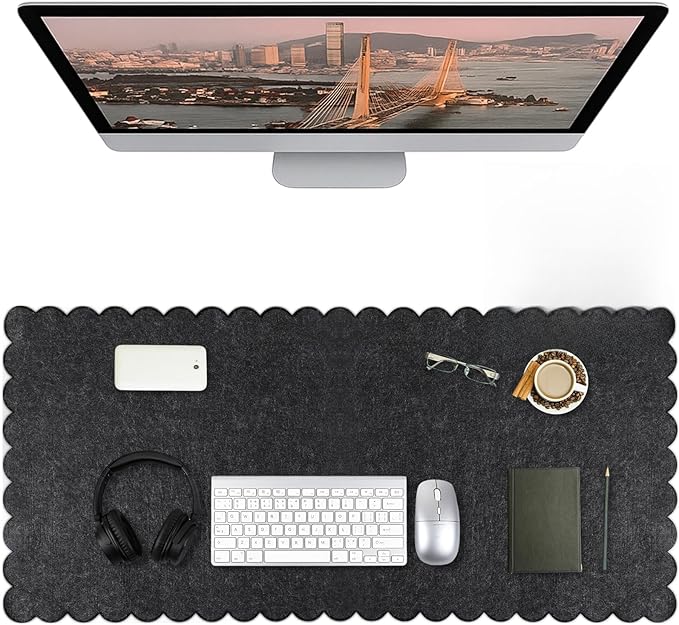 Copkim 35 x 16.5 Inch Felt Desk Mat with Scalloped Edges, Large Felt Mouse Pad Non Slip Scalloped Computer Laptop Desktop Pad for Keyboard and Mouse Home Office(Black Gray)