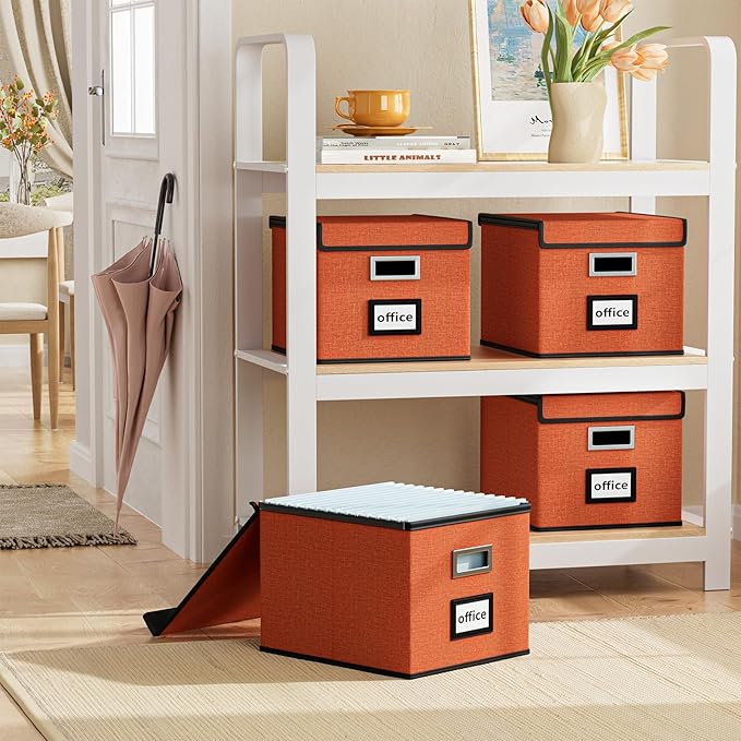 File Organizer Box with Lid, Collapsible File Folder Organizer for Office Document Storage, Filing Box with Plastic Slide for Letter Size Hanging File Folders(1 Pack, Reddish Organge)