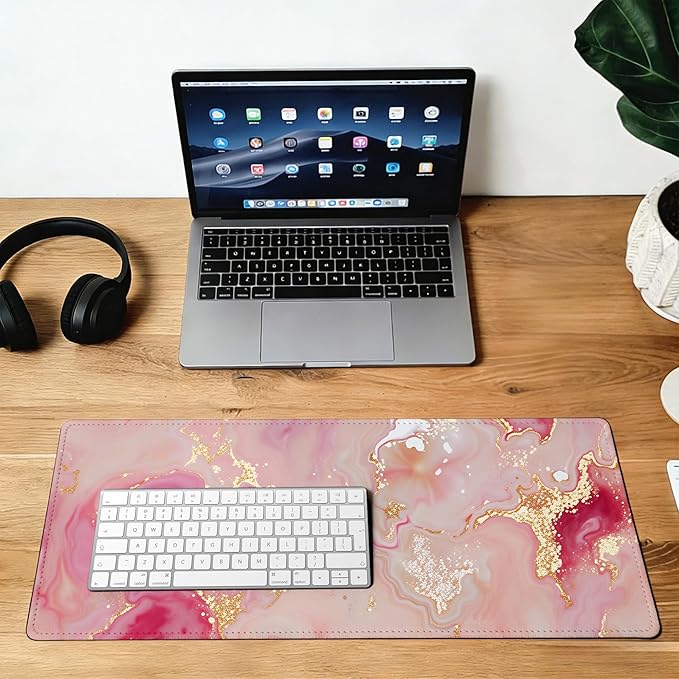 Large Gaming Mouse Pad Pink Gold Marble Desk Mat,Non-Slip Rubber Base Stitched Edges,Extended Mousepad for PC,Laptop,Office,Home Decor(31.5 x 11.8 Inch)