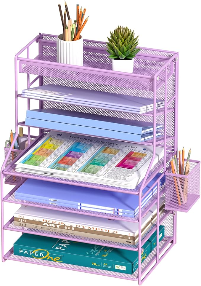 Purple 7 Tier Desktop File Organizer, Letter Tray Paper Organizer with Pen Holder and Metal Hanging Basket, Vertical Desk File Holder for Home Office Organization