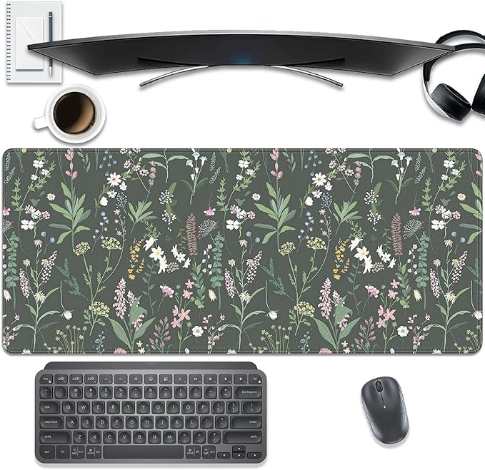 Green Plant and Floral Mouse Pad,Large Flowers Mousepad Desk Pad with Stitched Edges,Non-Slip Waterproof Rubber Base Mouse Mat for Office Computer Keyboard Laptop Home 27.5x11.8 in