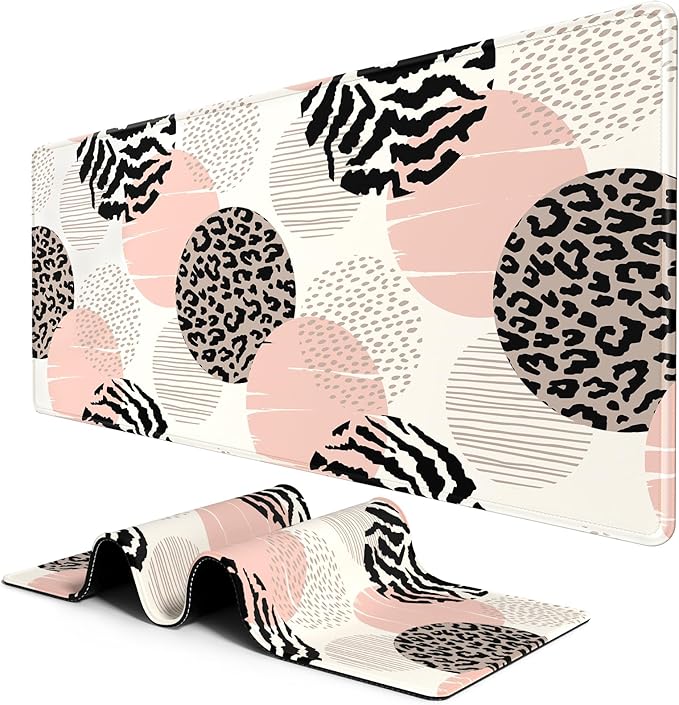 BOSOBO XXL Gaming Desk Mat, Leopard Dots Pink - 31.5 x 11.8 Inches, Full Cover