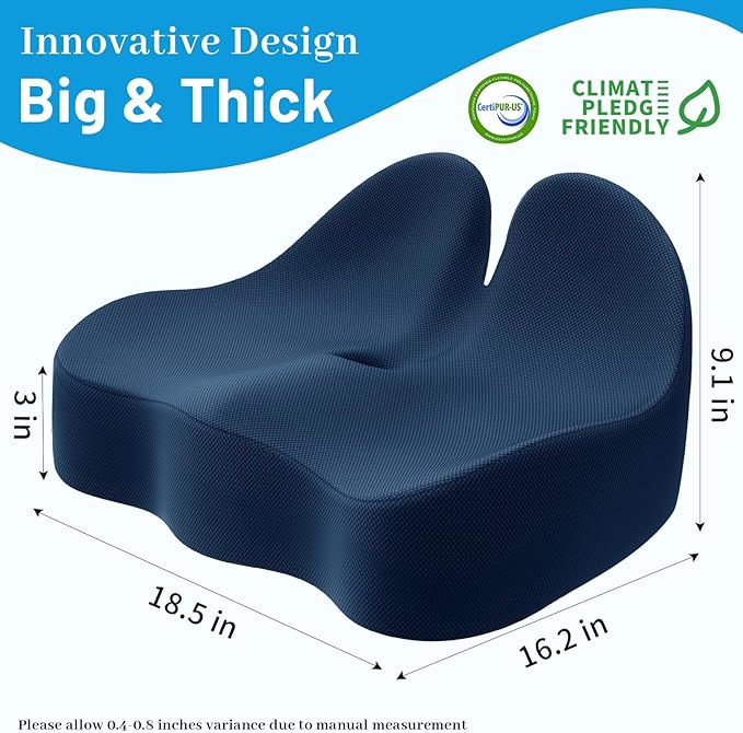CushZone Memory Foam Seat Cushion for Office Chair, Ergonomic Coccyx Cushion for Desk Chair, Tailbone Support Pillow for Long Sitting, Non-Slip Seat Pad for Home, Gaming Chair -Navy Blue, X-Large