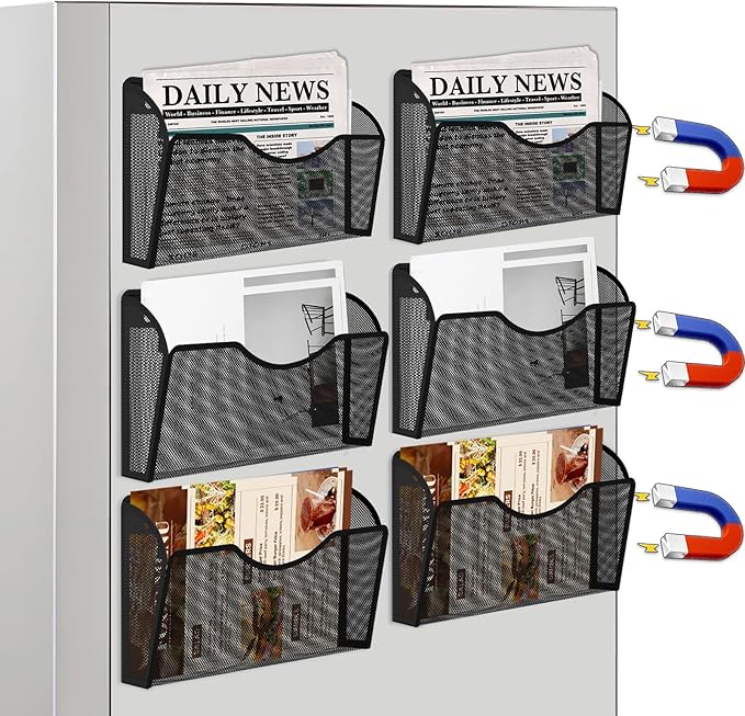6 Pack Magnetic File Holder, Magnetic Pocket Wall File Holder, Mesh Wall Paper Organizer, Vertical Mail Basket, Storage Organization Magazine Rack for Office, Home and School