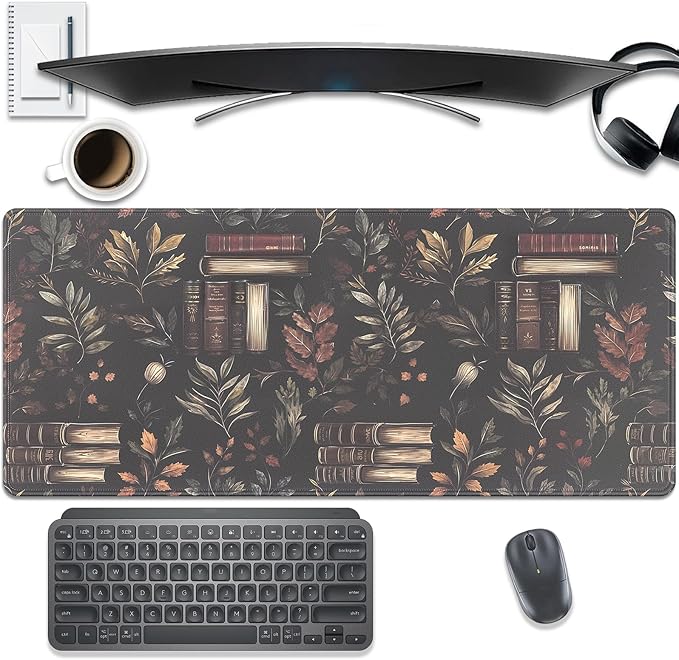 Dark Academia Large Mouse Pad Desk Pad, 27.5x11.8in Vintage Book Botanical Extended Keyboard Mousepad with Stitched Edges, Non-Slip Waterproof Rubber Base for Office, Computer, Laptop & Home