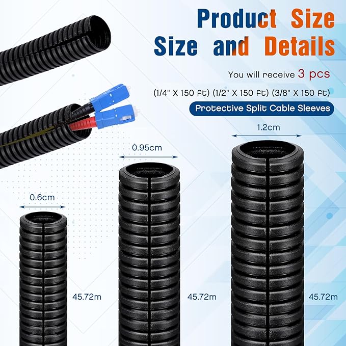 Sasylvia 1/4", 1/2", 3/8" x 150ft Split Wire Loom Tubing Assortment Black Flexible Corrugated Cable Sleeve Polyethylene Electrical Wire Protector Cord Cover for Automotive Harness Home & Pet Safe