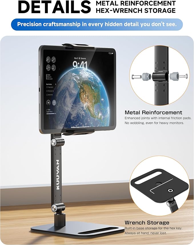 Portable Monitor Stand Holder for 15.6'',17.3'', Tablet Stand Holder for iPad, Aluminum Alloy Foldable Arm Mount with 360° Swivel Desk Mount Compatible with 4.7-17.3inch Tablet (Black)
