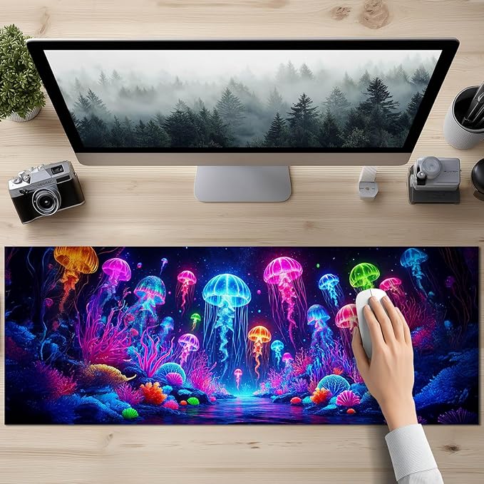 HOMETITUTE Jellyfish Neon Gaming Mouse Pad XL Desk Mat Large Mouse Pad for Extended Keyboard Pad Computer Mat Waterproof Mouse Mat Non Slip Base Desk Accessories for Home Office Gaming