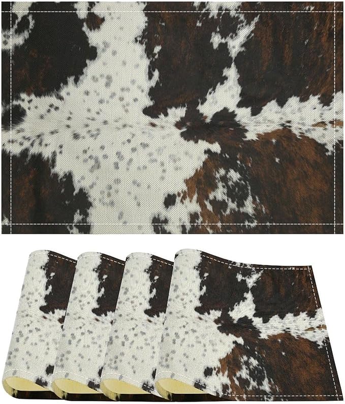 Cow Fur Placemats Farmhouse Western Farm Animal Skin Brow and White Cowhide Print Linen Washable Table Mats Stain Heat-Resistant Desktop Decor Place Mats for Home Kitchen Dining Party 12x18 in 6 Pcs