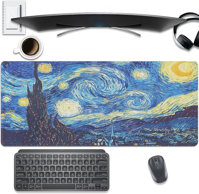 Van Gogh Starry Night Large Mouse Pad Desk Mat, 27.5x11.8in Classic Art Extended Keyboard Mousepad with Stitched Edges, Non-Slip Waterproof Rubber Base for Office, Computer & Laptop