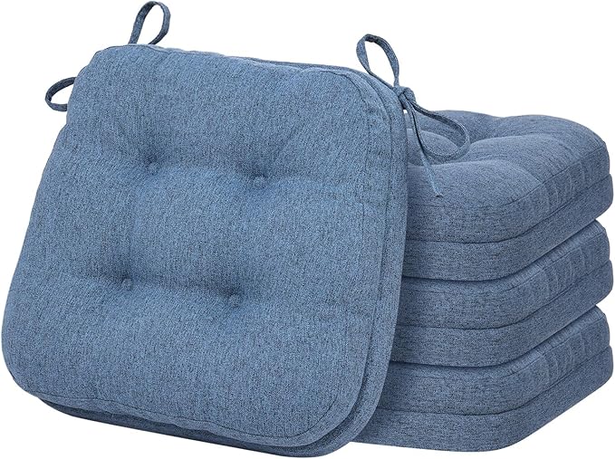 baibu Set of 4 Dining Chair Cushions, Dual-Layer Patent Design Memory Foam Kitchen Chair Cushions, Non-Slip Seat Pads with Ties, 16.5 x 16.5 x 3.5in, 4 Pack, Blue