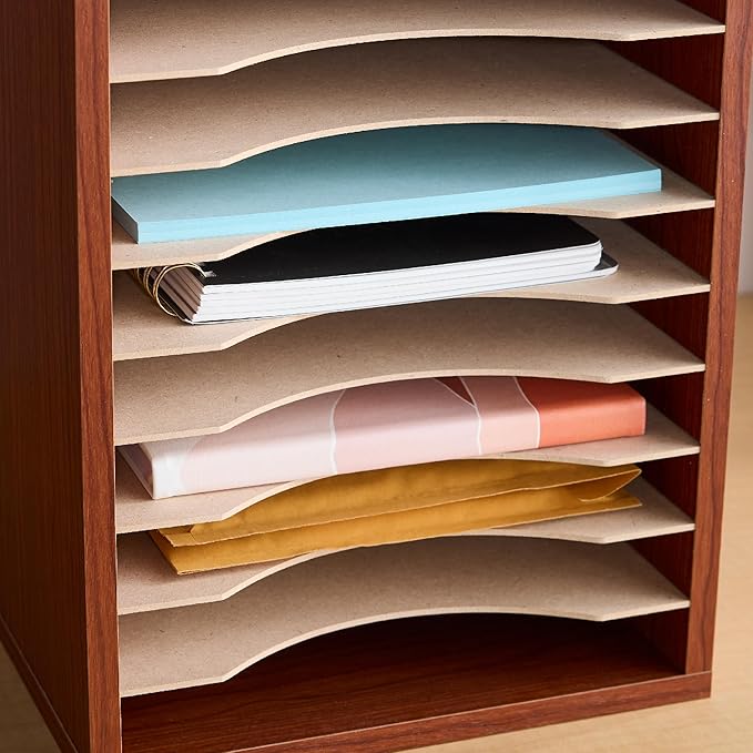 Safco Vertical Literature Organizer, 11 Compartments, Office and Classroom Mailbox with Adjustable Shelves, Wood Paper and Mail Sorter, Cherry