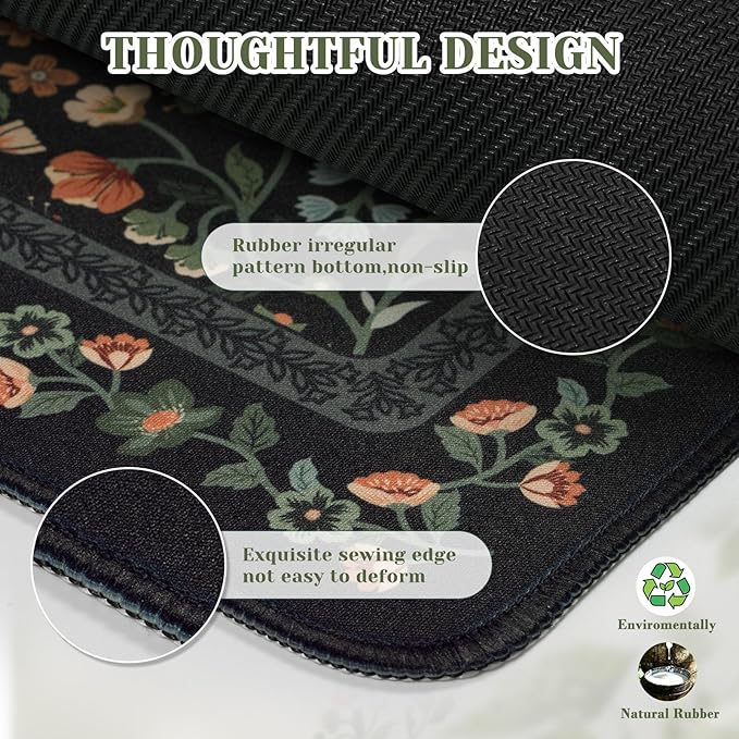 iCasso Aesthetic Floral Desk Mat, L Mouse Pads, Anti-Slip Retro Mousepad with Stitched Edges, Waterproof Computer Pad 11.8"x31.5",Desk Accessories Office Decor for Women(Black)