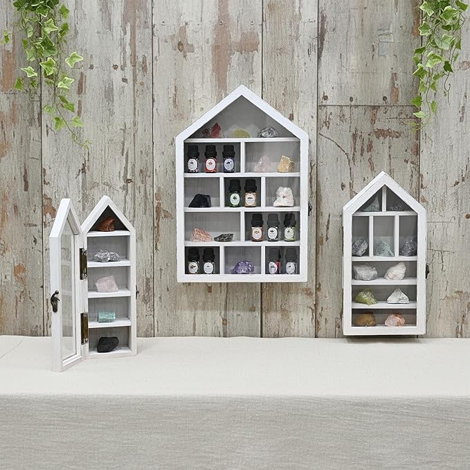 Ikee Design 3 Pcs Set Wall-Mounted House-Shaped Wooden Shadow Cubby Box Display Shelf with Door Storage Display Case for Collectibles, Trinkets, Mini Figures, Antique White, 21.1W x 3.1D x 14.8H in
