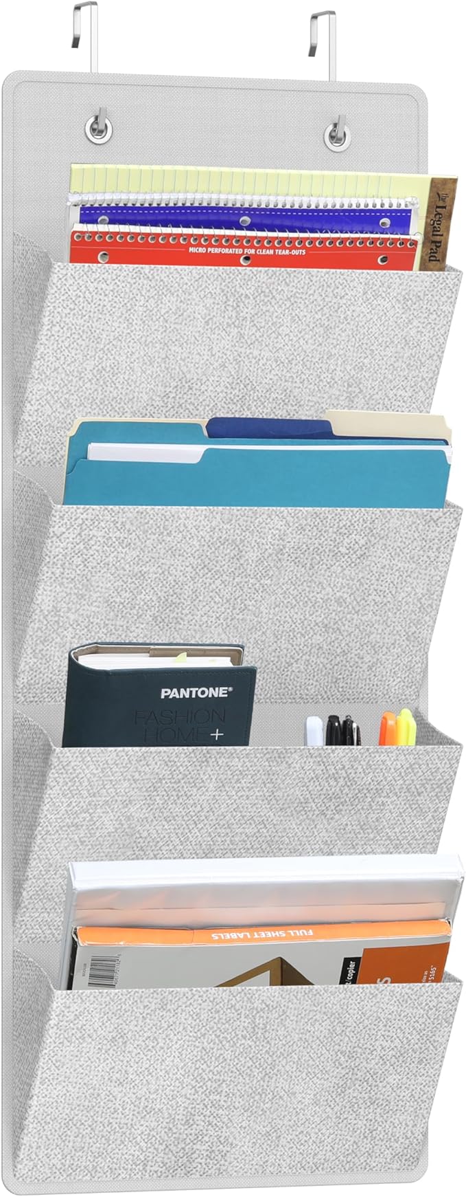 Simple Houseware Over the Door Hanging Wall File Organizer, 4 Pocket File Holder with 13" Width for Office Supplies Storage, Grey