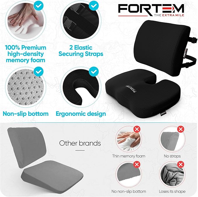 FORTEM Seat Cushion, Office Chair Cushion, Lumbar Support Pillow for Office Chair, Memory Foam Car Seat Cushions, Sciatica Coccyx Tailbone Pain Relief, Cushions for Back Support, Washable, Non Slip XL