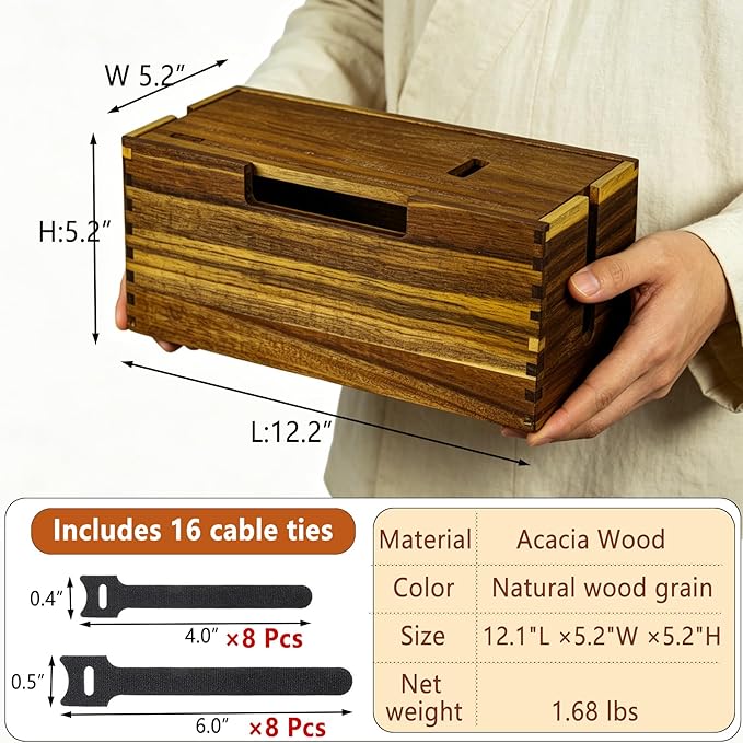 Acacia Wood Cable Management Box, Large Wooden Cord Hider Organizer for Power Strip, TV Wires, Desk & Floor Electrical Cords - Under Desk Wire Storage Box for Home Office Cable Organization