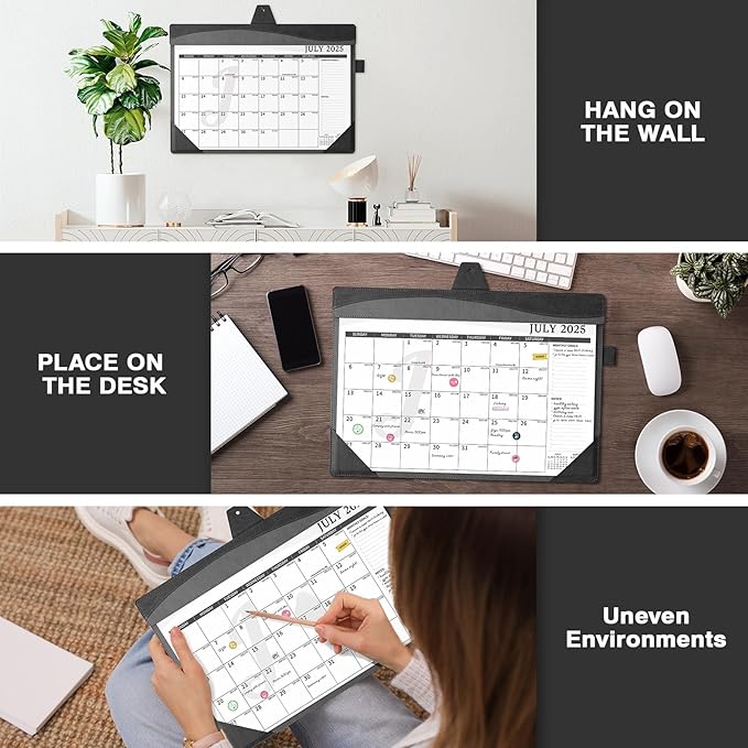 Ospelelf Desk Calendar 2025-2026 Large 12"x17" Leather Monthly Planner Pad with Protective Cover 18 Months July 2025 to Dec 2026 Black Gray