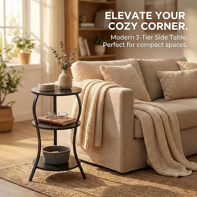 Vintage Small Round Side Table, 3-Tier Slim Waist Circular End Table with Storage Shelf, Compact Tea Sofa Side Table, Round Corner Coffee Table Nightstand for Living Room Bedroom Small Spaces,Black