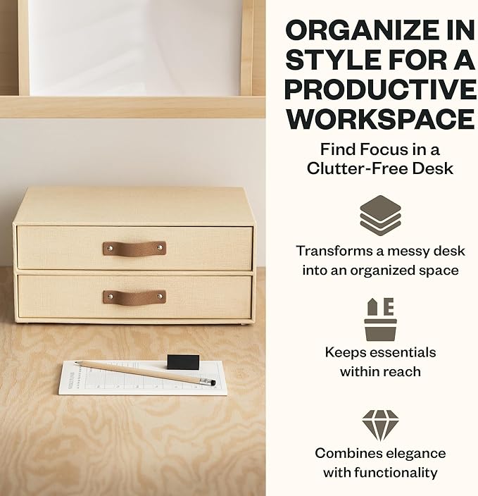 Bigso Birger 2 Drawers - Desktop Drawers for A4 and Letter Size Papers and Documents - Tabletop Drawers with Leather Handles - 13.1 in x 10 in x 5.7 in - Cream