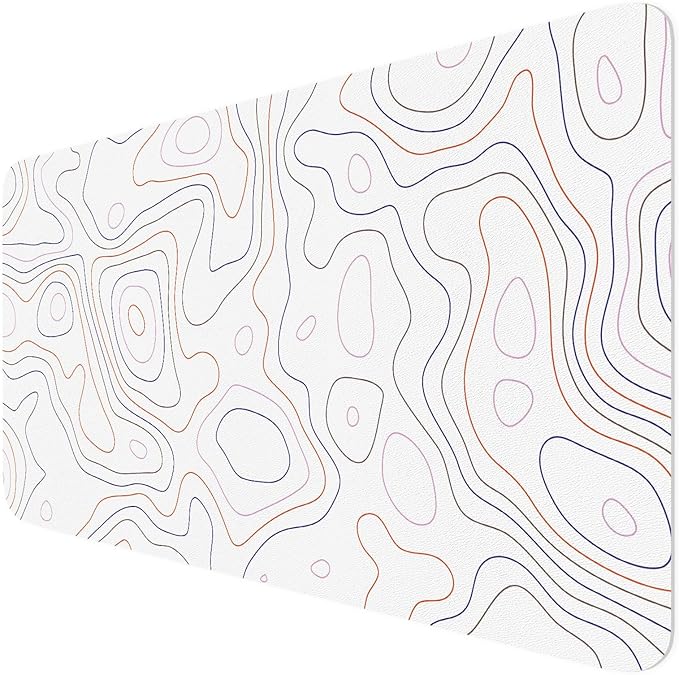 BLESWIN White Topographic Map Desk Mat 31.5" x 15.7", PU Leather Computer Laptop Desk Mat, Non-Slip Waterproof Mouse Keyboard Pad, Desk Writing Matt for Work/Home, 31.5"x 15.7", Topographic