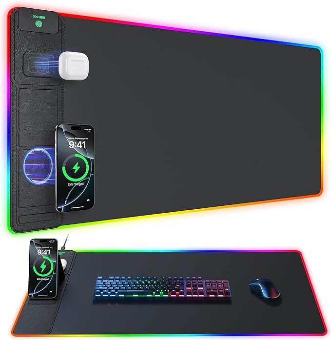 4-in-1 RGB Gaming Mouse Pad with Wireless Charging & Phone Stand, 31.5"x15.8" Large, 24 Light Effects, Non-Slip Base, Waterproof Ultra-Smooth Surface, with Adatper, No Adatper