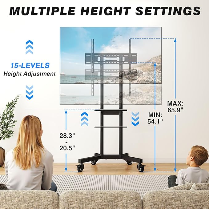 Rolling TV Stand with Shelf for 32-85 inch TVs up to 150lbs, Portable Mobile TV Cart with Silent Wheel, Height Adjustable Universal Corner TV Stand for Bedroom, Living Room, Office
