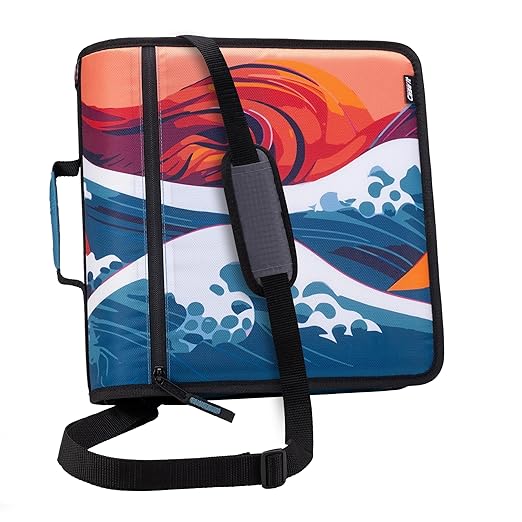 Case-it Mighty Zip Tab School Zipper Binder | 3-Inch O-Rings, 600-Sheet Capacity, 5-Subject Expanding File Folder, Multiple Pockets & Storage Organizer, Shoulder Strap | D-146 Wave